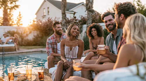 Group of happy young adults gathered around a swimming pool at sunset, enjoying drinks and conversation