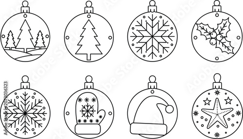 Black silhouette Christmas ornaments with festive designs including trees, snowflakes, holly, mitten, Santa hat, and starfish