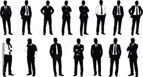 Black silhouette businesspeople in formal attire standing in confident poses, symbolizing professionalism, teamwork, and corporate culture