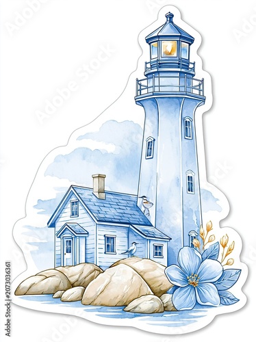 Watercolor illustration of a lighthouse beside a small house on rocks with flowers, featuring a blue and white color palette against a cloudy sky