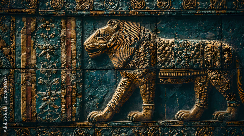 Fototapeta premium ishtar. Glazed brick relief of a lion against lapis lazuli blue background with gold accents, intricate patterns. event programs.