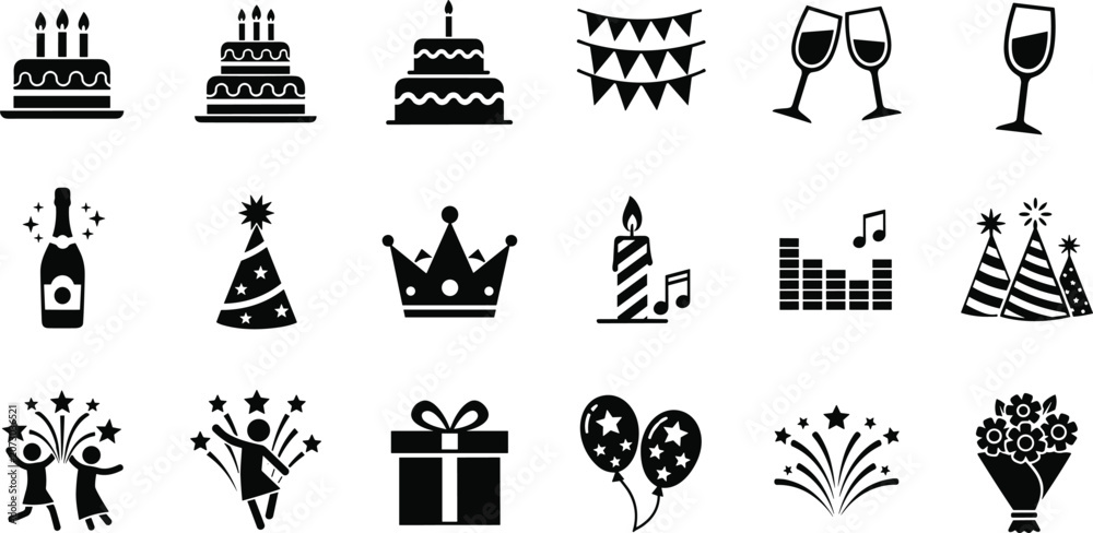 Naklejka premium Black silhouette icons of party and celebration elements including cake, wine, gifts, balloons, fireworks, and decorations
