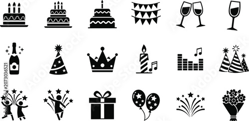 Black silhouette icons of party and celebration elements including cake, wine, gifts, balloons, fireworks, and decorations