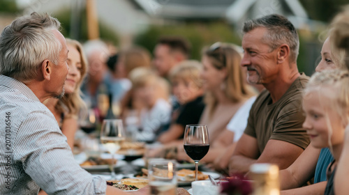 Diverse group of people enjoying outdoor dinner party, sharing conversation and meal, celebrating together