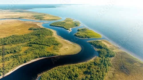 Aerial view of a winding river flowing through a green landscape towards a vast blue body of water on a sunny day