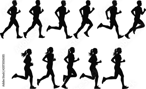Black silhouette icons of running people in dynamic motion, symbolizing athletics, fitness, speed, and human biomechanics
