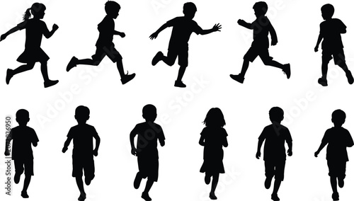Black silhouette illustrations of children running in dynamic poses, showcasing energy, activity, and playful childhood motion