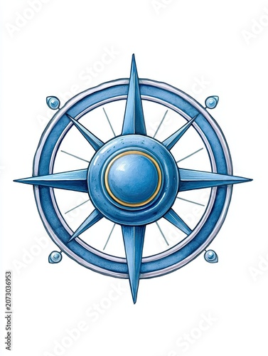 Nautical compass illustration featuring a blue and silver design with sharp points and a central circular element, ideal for maritime-themed projects and designs