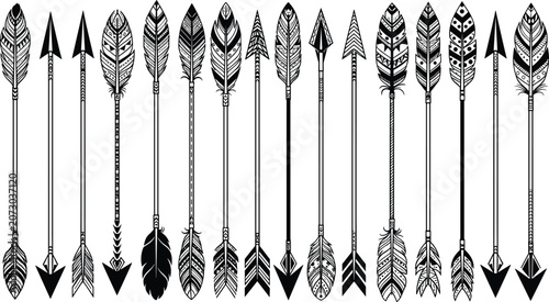 Black silhouette illustrations of decorative arrows with varied feather, shaft, and arrowhead designs, showcasing artistic diversity