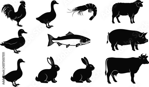 Black silhouette illustrations of farm and aquatic animals including rooster, goose, shrimp, sheep, duck, fish, pig, rabbit, and cow