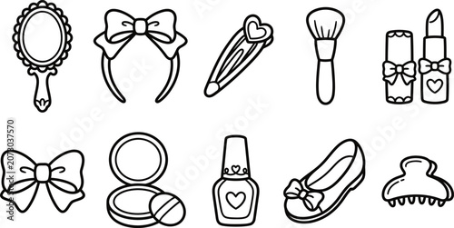Girl beauty and hair accessories line art doodle set.