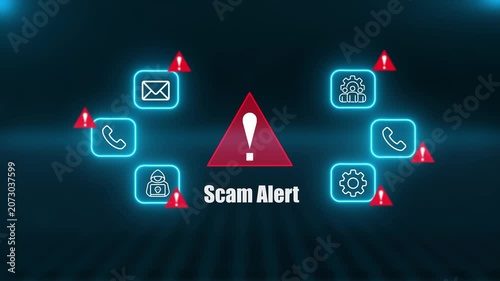 Cyber security warning animation with Scam alert and virus threat icons, digital protection and online safety interface concept.