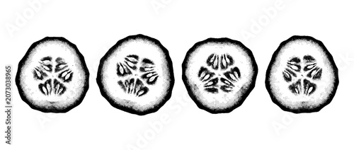 A set of halftone vector cucumber slices, highlighting their unique shape and texture, suitable for culinary arts and graphic design projects.