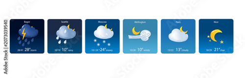 Set of night weather pictograms for mobile weather app. Square icons with dark background. Flat vector illustration for app interface, forecast widget, ui design, or weather screen mockup