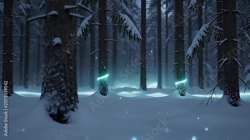 In the snow-covered coniferous forests of the Arctic, the faint glow of the Earth's magnetic field at night drifts across the snow's surface, while a pale blue glow lingers around the tree