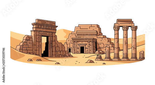 Ancient stone temple ruins in desert dunes