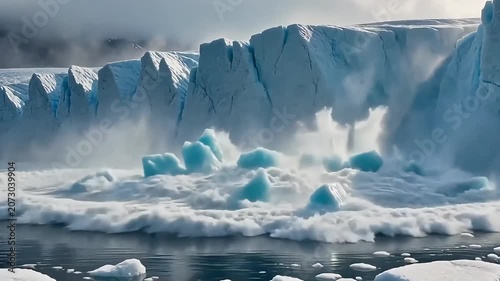 In the glacial bay, massive chunks of ice from the Antarctic and Arctic broke off and plunged into the deep sea, creating a vast expanse of silvery-white mist. Giant