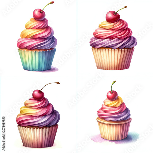 Cupcake with swirled pink, yellow, and purple frosting, topped with a single cherry
