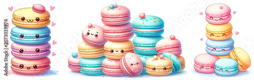 Cute cartoon macarons in pastel shades of pink, blue, and yellow, each with tiny smiling faces