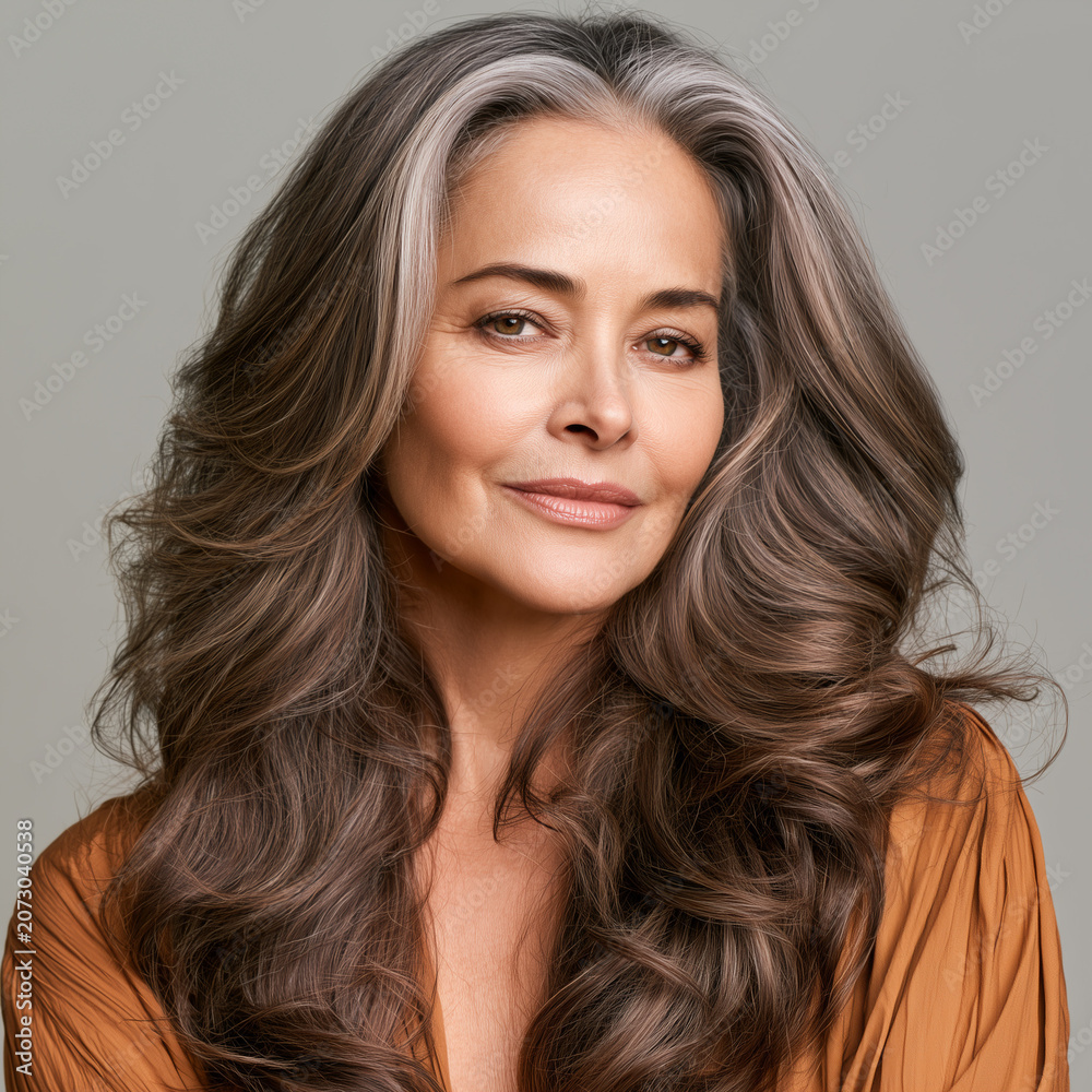 Fototapeta premium confident mature woman showcasing thick voluminous hair after professional treatment, luxury hair density improvement concept