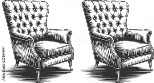 Vintage wingback armchair vector illustration, classic tufted leather furniture set, antique hand drawn sketch of two elegant lounge chairs