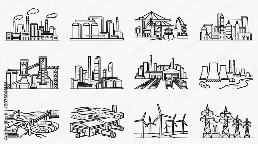 Obraz premium Corporate Industrial Infrastructure Icons Set Black and White Line Art Illustrations of Factories Power Plants Wind Farms and Logistics