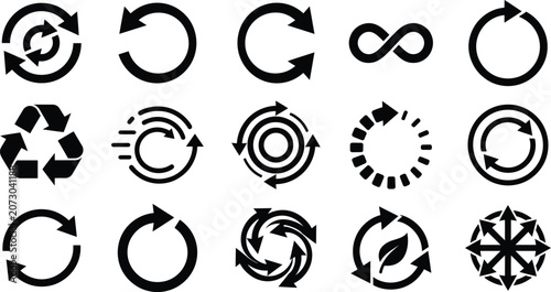 Recycle Icon Set Circular Arrows Flat Vector Silhouette Infinity Loop Eco Loading Graphic Elements