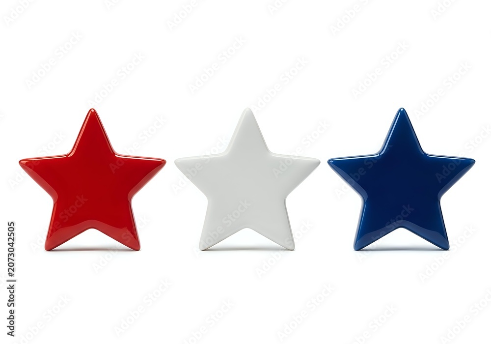 Fototapeta premium Three dimensional stars in red, gray and navy blue isolated on white background, suitable for rating systems, reviews, quality badges and design applications.