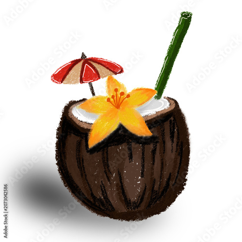 tropical coconut cocktail with fresh fruit garnish on white background