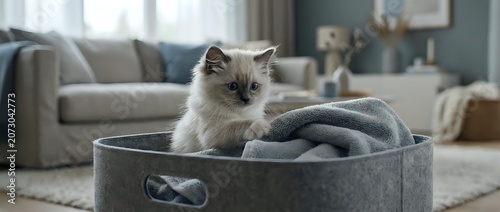 Fluffy kitten with blue eyes sitting in gray felt storage basket in modern living room with sofa and home decor.