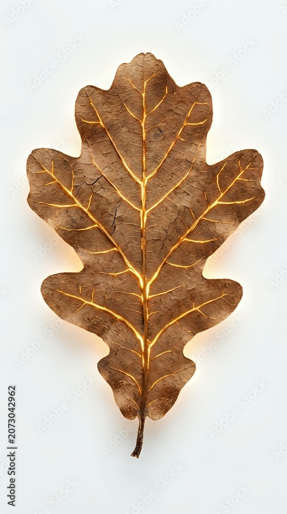 Fototapeta premium Dried oak leaf with golden veins and brown tones isolated on white background, suitable for autumn designs, botanical illustrations, and fall-themed projects.