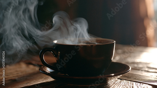 Steaming Black Coffee Cup on Wooden Table with Dramatic Dark Background