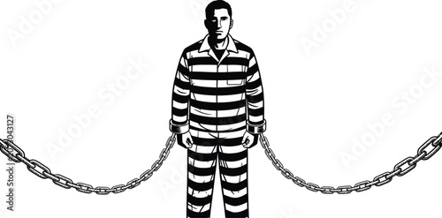 Tableau sur toile Prisoner in striped uniform, chained, black and white vector illustration, crime