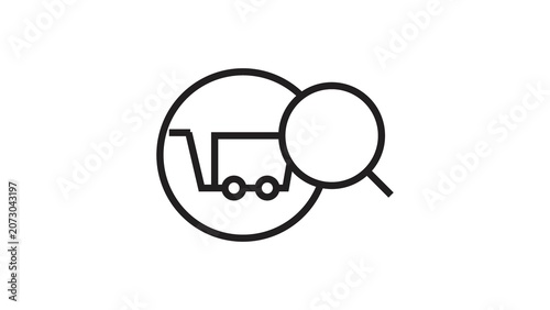 Minimalist shopping cart search icon showing product analysis on white background.