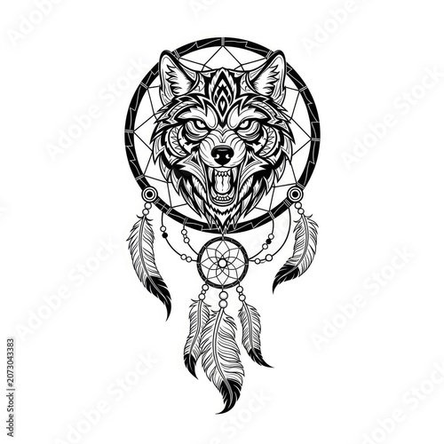 Angry wolf head dreamcatcher line art.