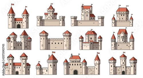 Fotografie Set of medieval castles and historic stone fortresses