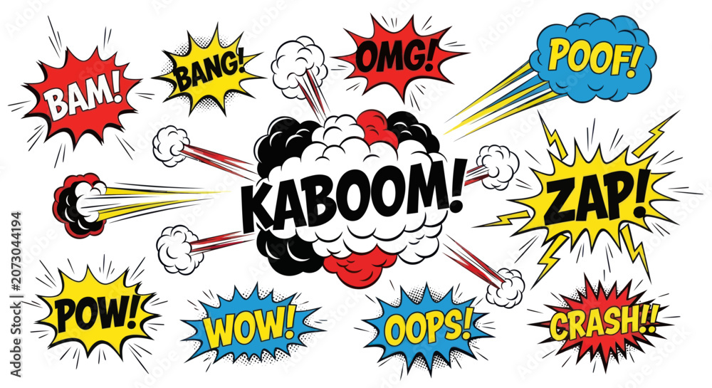 Fototapeta premium Comic book explosion with various sound effects surrounding a big KABOOM