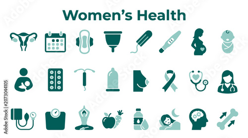 Foto Comprehensive collection of icons representing women health awareness and medica