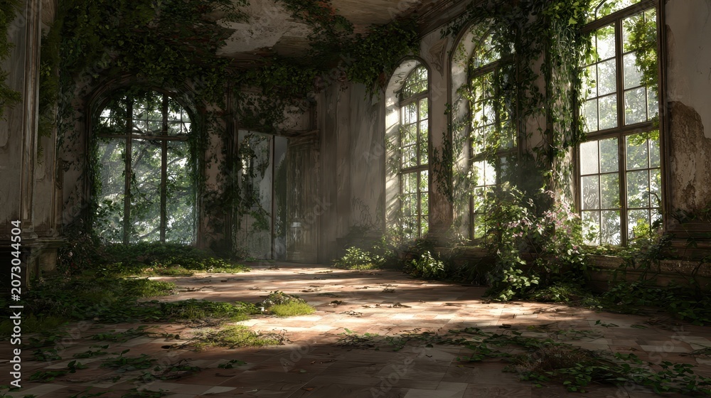 Fototapeta premium Enchanting room behind ivy-clad windows in a ruined mansion