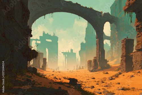 Epic-scale city ruins at sunset: mysterious ancient-meets-futuristic dystopia in a detailed illustration