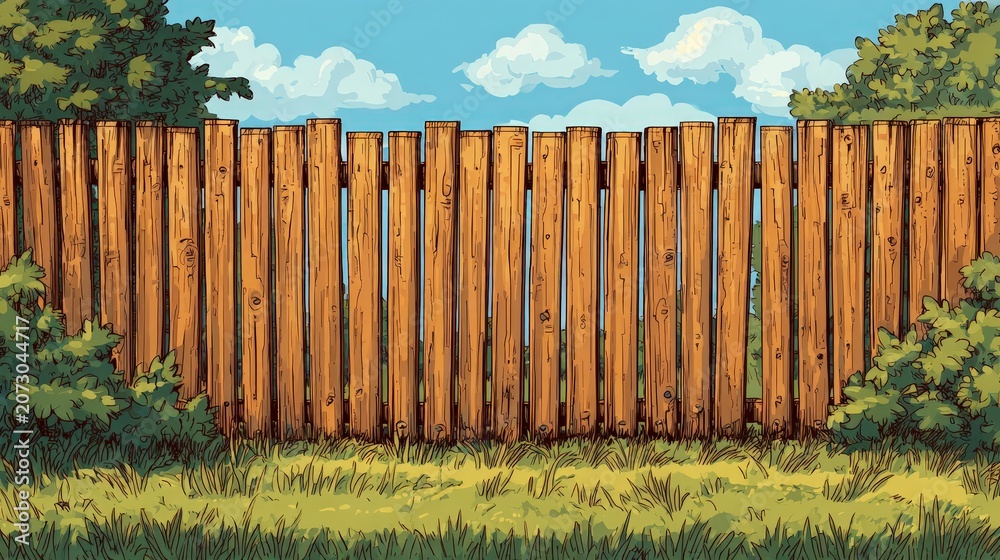 Fototapeta premium Simple cartoon wooden fence in a grassy yard.