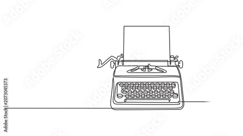 Animated self drawing of continuous one line drawing a typewriter with paper, and a candle with a stand. A serene atmosphere for inspiration. Author. Self advisor. Wordsmith Day. Full length animation