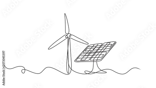 Animated self drawing of Continuous one line drawing of wind turbines eco energy. simple wind turbines outline vector illustration, Wind alternative energy. Hilly terrain with generating.