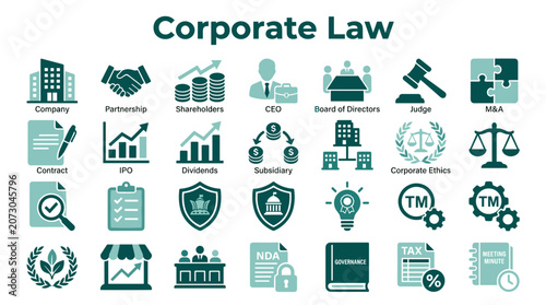 Tableau sur toile Corporate Law and Business Concepts Illustrated with Icons representing Company,