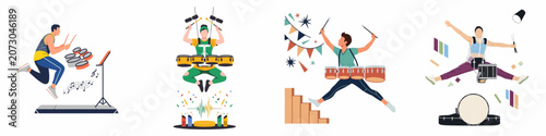 Quadro em tela Set of four energetic illustrations featuring dynamic drummers jumping and playing percussion instruments in a vibrant flat design style