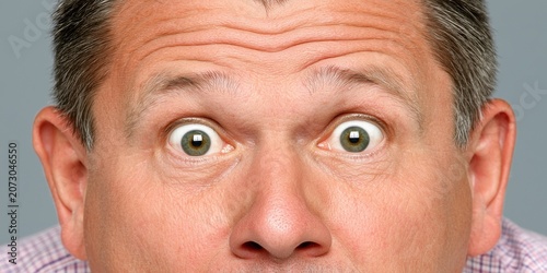 Close-up of a person's eyes displaying fear and shock in a neutral background.