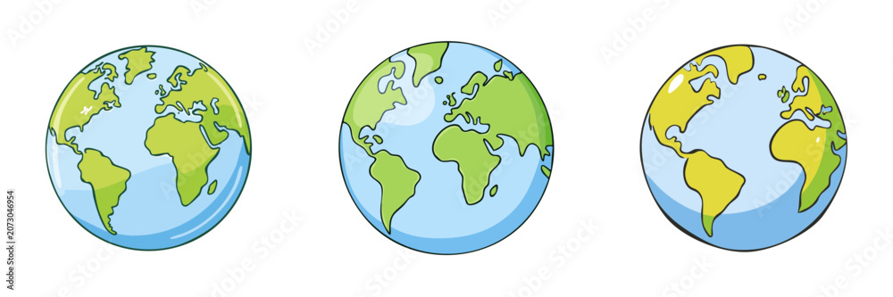 Fototapeta premium Set of cartoon Earth globes showing continents and oceans with bright colors