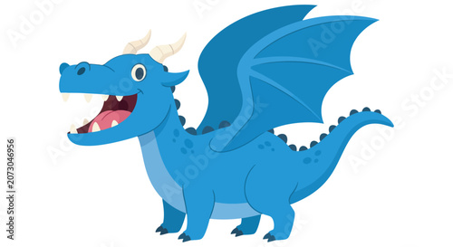 Canvastavla Blue dragon illustration with open mouth and wings flat vector style