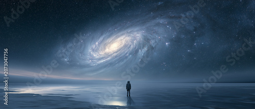 Lone Astronaut Beneath a Spiral Galaxy Filling the Night Sky