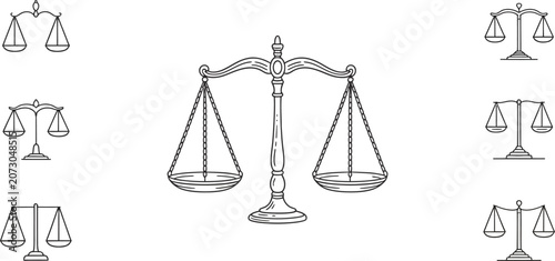 Foto Set of 9 balance scales, justice weight icons, law equilibrium illustrations, bl